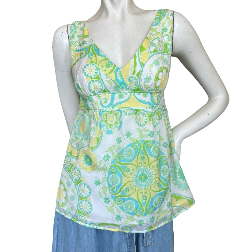 Y2K White Label Lilly Pulitzer Green Yellow White Floral Silk Blend Top Size 2